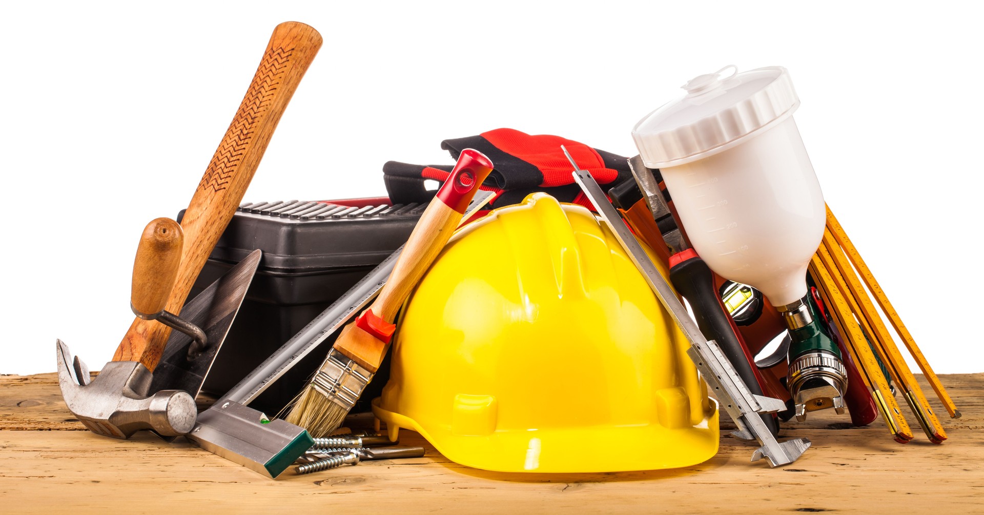 Casco giallo e i montanti in legno strumenti